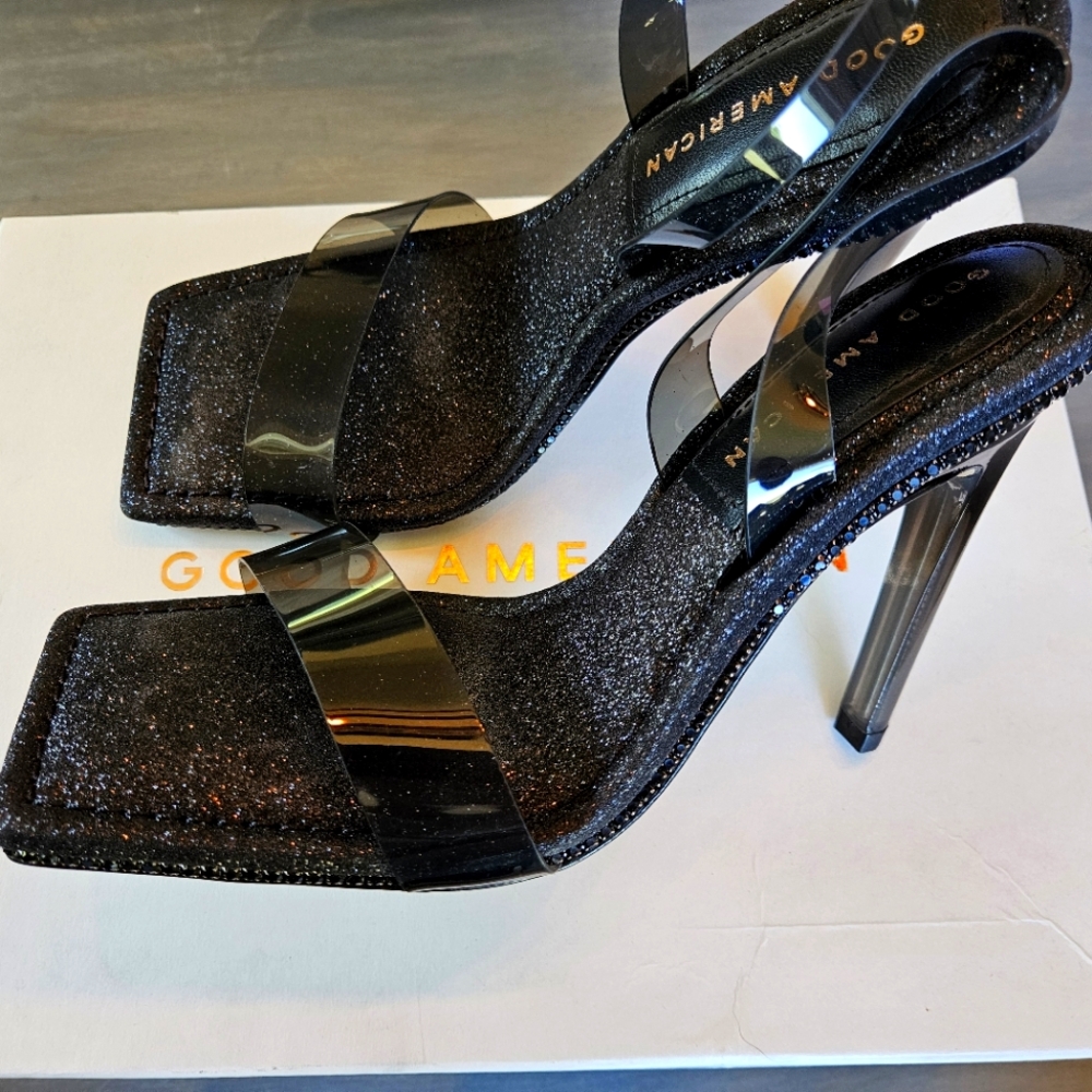 Good American Black Glitter Lucite Sling Back